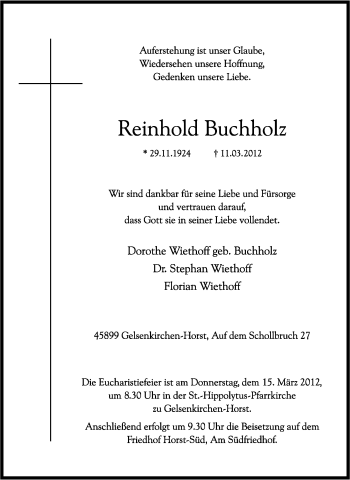 Traueranzeige von Reinhold Buchholz von Tageszeitung