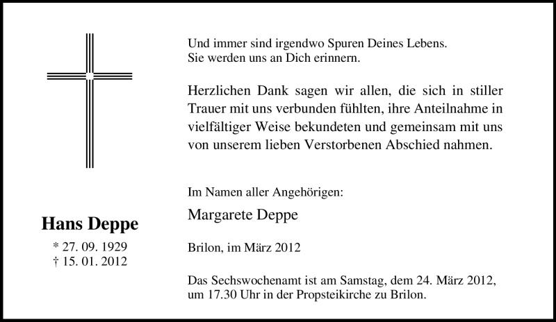  Traueranzeige für Hans Deppe vom 17.03.2012 aus Tageszeitung