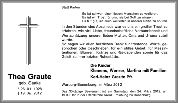 Traueranzeige von Thea Graute von Tageszeitung