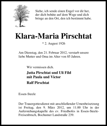 Traueranzeige von Klara-Maria Pirschtat von Tageszeitung