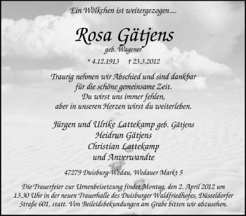 Traueranzeige von Rosa Gätjens von Tageszeitung