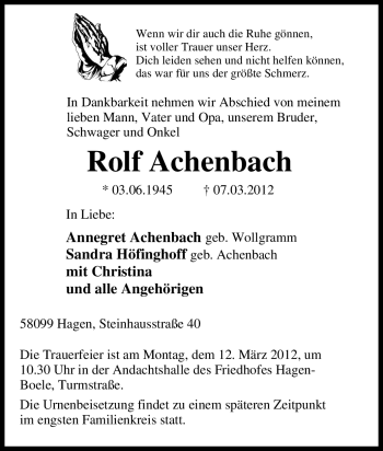 Traueranzeige von Rolf Achenbach von Tageszeitung