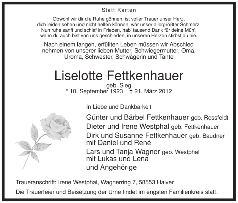  Traueranzeige für Liselotte Fettkenhauer vom 24.03.2012 aus Tageszeitung