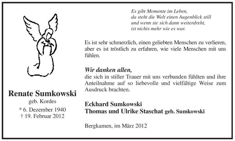 Traueranzeige für Renate Sumkowski vom 21.03.2012 aus Tageszeitung
