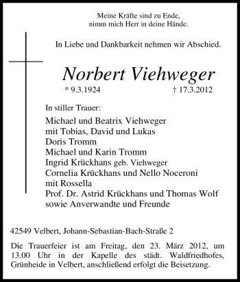 Traueranzeigen von Norbert Viehweger | Trauer-in-NRW.de