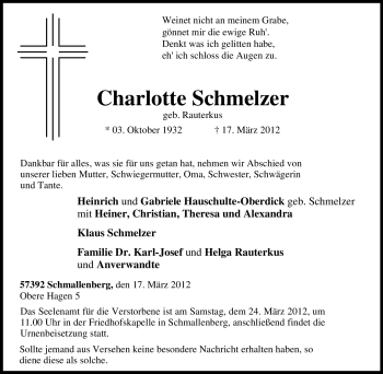 Traueranzeige von Charlotte Schmelzer von Tageszeitung