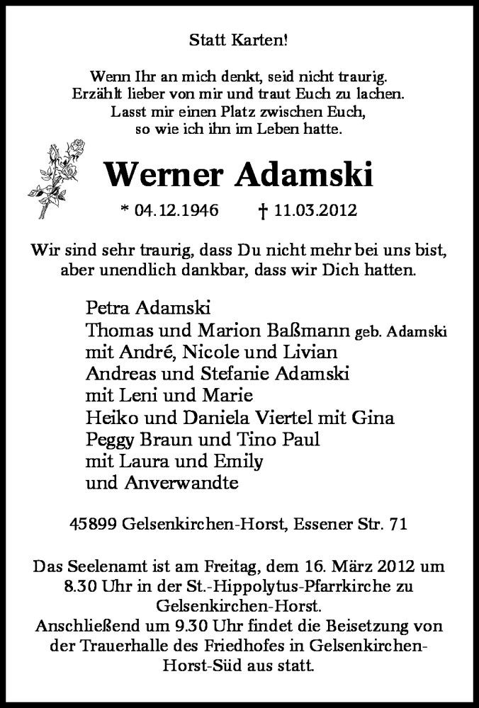  Traueranzeige für Werner Adamsi vom 14.03.2012 aus Tageszeitung