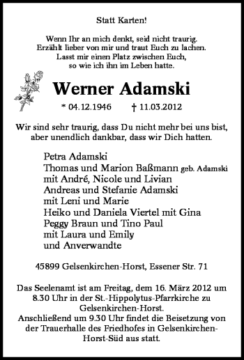 Traueranzeige von Werner Adamsi von Tageszeitung
