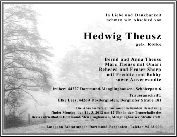 Traueranzeige von Hedwig Theusz von Tageszeitung