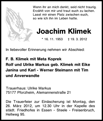 Traueranzeige von Joachim Klimek von Tageszeitung