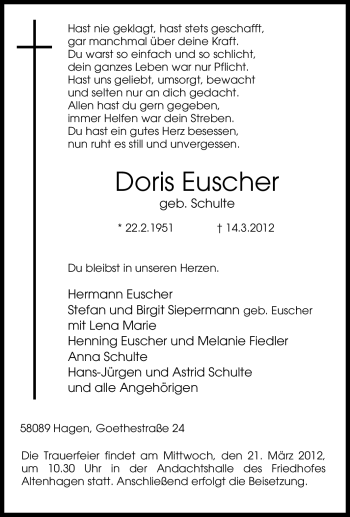 Traueranzeige von Doris Euscher von Tageszeitung