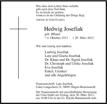 Traueranzeige von Hedwig Josefiak von Tageszeitung