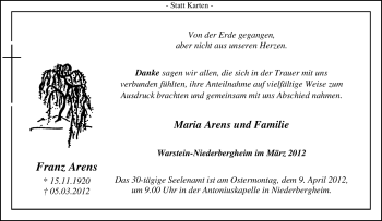 Traueranzeige von Franz Arens von Tageszeitung