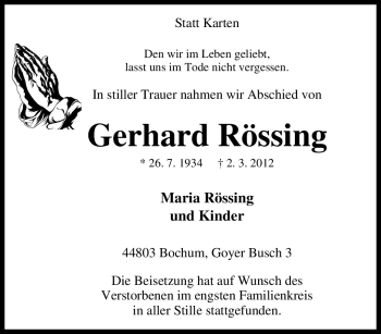Traueranzeige von Gerhard Rössing von Tageszeitung