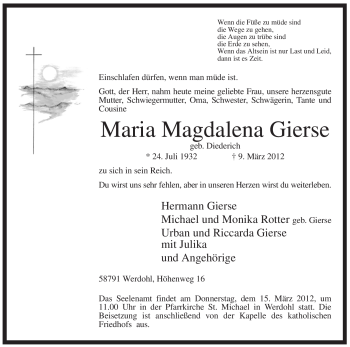 Traueranzeige von Maria Magdalena Gierse von Tageszeitung