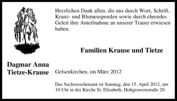 Traueranzeige von Dagmar Anna Tietze-Krause von Tageszeitung