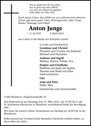 Traueranzeige von Anton Junge von Tageszeitung