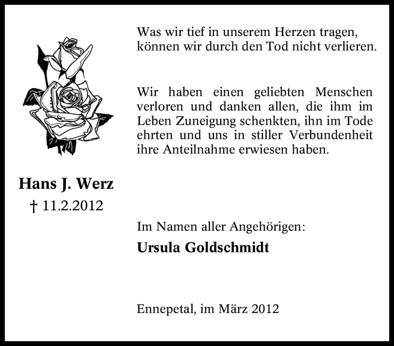  Traueranzeige für Hans J. Werz vom 17.03.2012 aus Tageszeitung
