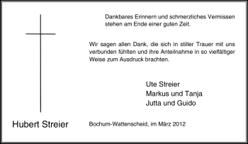 Traueranzeige von Hubert Streier von Tageszeitung