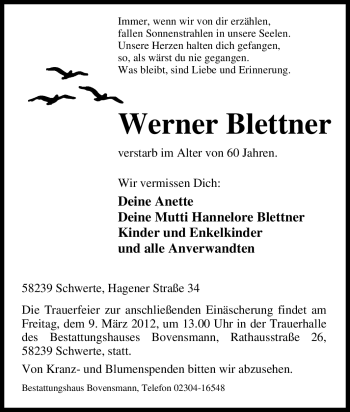 Traueranzeige von Werner Blettner von Tageszeitung