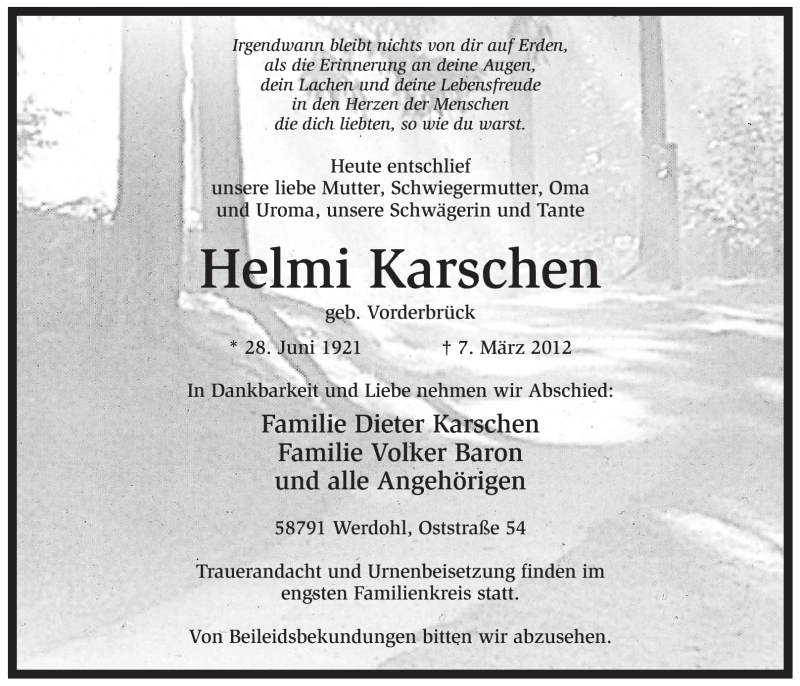  Traueranzeige für Helmi Karschen vom 10.03.2012 aus Tageszeitung