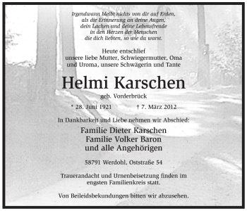 Traueranzeige von Helmi Karschen von Tageszeitung