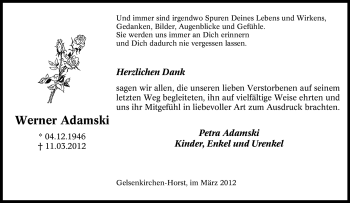 Traueranzeige von Werner Adamski von Tageszeitung