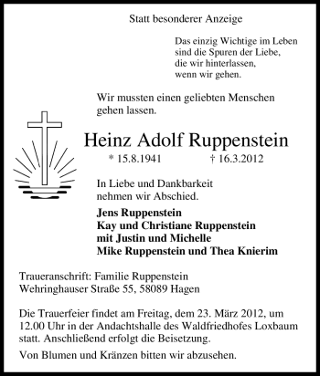 Traueranzeige von Heinz Adolf Ruppenstein von Tageszeitung