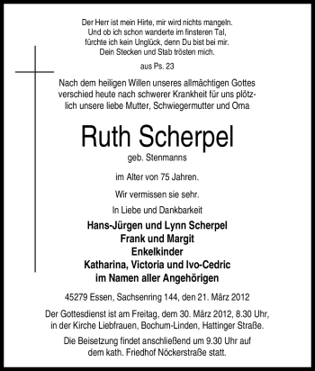 Traueranzeige von Ruth Scherpel von Tageszeitung