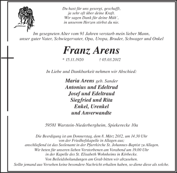 Traueranzeige von Franz Arens von Tageszeitung