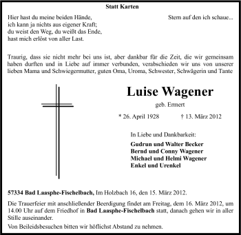 Traueranzeige von Luise Wagener von Tageszeitung