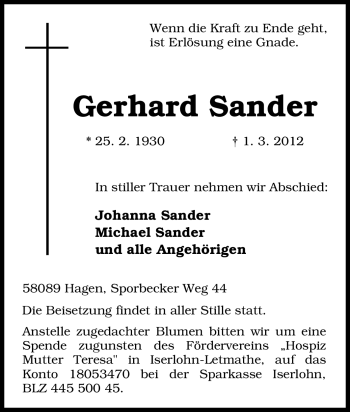 Traueranzeige von Gerhard Sander von Tageszeitung