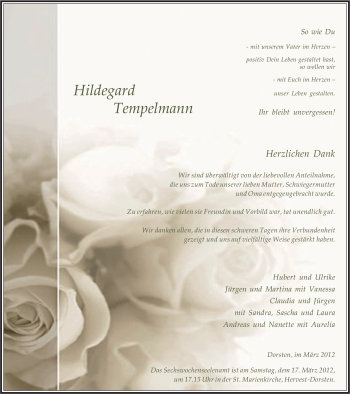 Traueranzeige von Hildegard Tempelmann von Tageszeitung