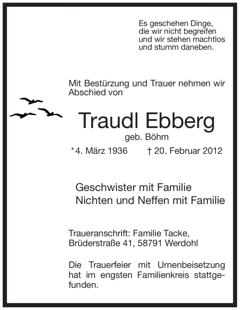  Traueranzeige für Traudl Ebberg vom 03.03.2012 aus Tageszeitung