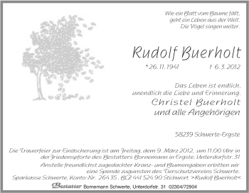 Traueranzeige von Rudolf Buerholt von Tageszeitung