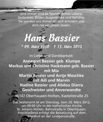 Traueranzeige von Hans Bassier von Tageszeitung