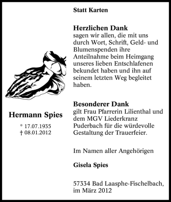 Traueranzeige von Hermann Spies von Tageszeitung