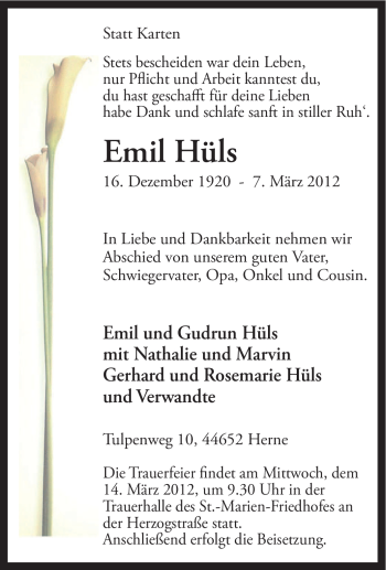 Traueranzeige von Emil Hüls von Tageszeitung