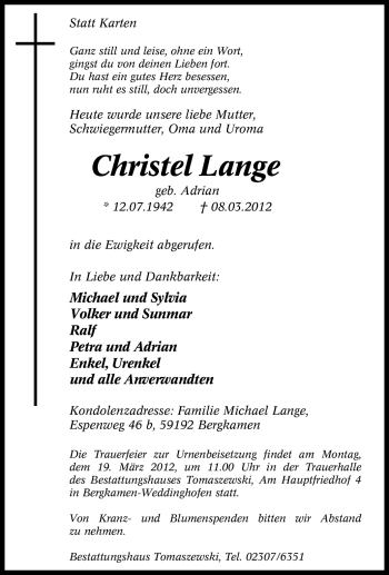 Traueranzeige von Christel Lange von Tageszeitung