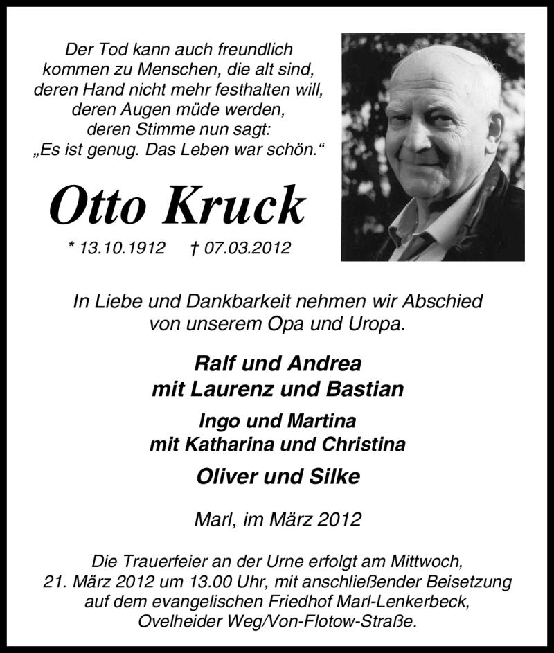  Traueranzeige für Otto Kruck vom 16.03.2012 aus Tageszeitung