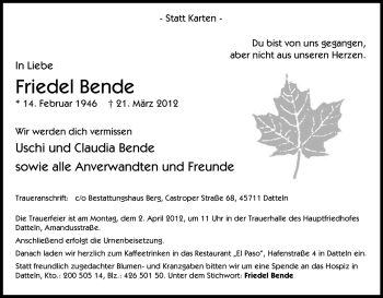 Traueranzeige von Friedel Bende von Tageszeitung