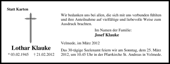 Traueranzeige von Lothar Klauke von Tageszeitung