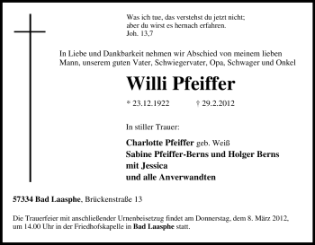 Traueranzeige von Willi Pfeiffer von Tageszeitung