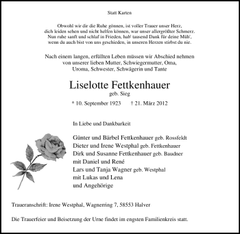 Traueranzeige von Liselotte Fettkenhauer von Tageszeitung