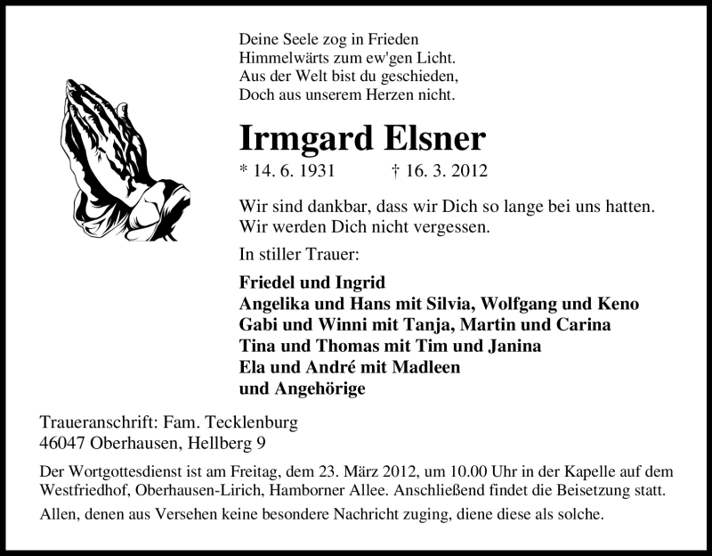  Traueranzeige für Irmgard Elsner vom 19.03.2012 aus Tageszeitung
