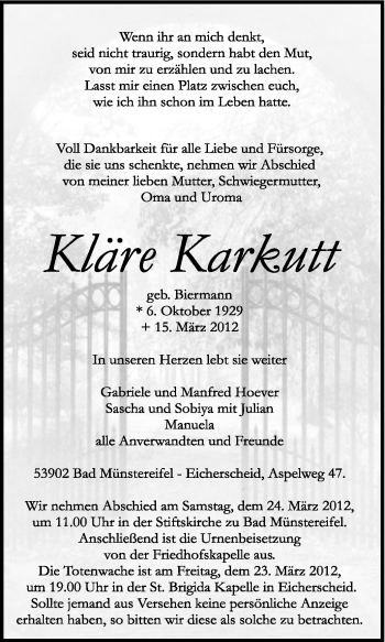 Traueranzeige von Kläre Karkutt von Tageszeitung