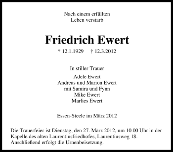 Traueranzeige von Friedrich Ewert von Tageszeitung