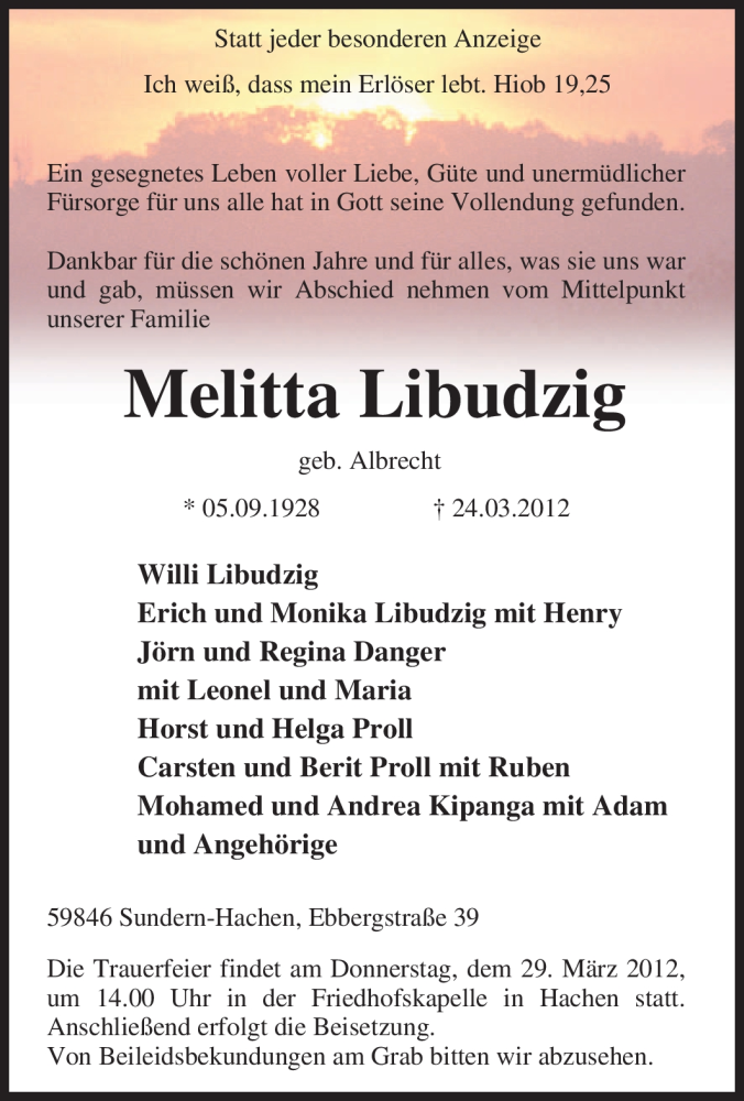  Traueranzeige für Melitta Libudzig vom 27.03.2012 aus Tageszeitung