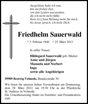 Traueranzeige von Friedhelm Sauerwald von Tageszeitung