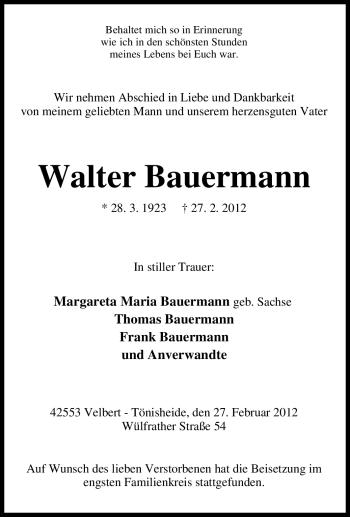 Traueranzeige von Walter Bauermann von Tageszeitung
